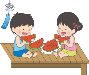 縁側に座ってスイカを食べる男の子と女の子のイラスト