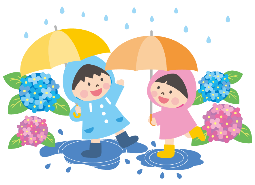 雨の中傘をさして水たまりで遊ぶ男の子と女の子のイラスト（線なし） 梅雨,雨,天気,傘,水たまり,紫陽花,こども,可愛い,フリー素材,商用利用,ダウンロード