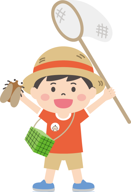 虫取り網でセミを捕まえた男の子のイラスト（線なし） 夏休み,昆虫,虫かご,こども,フリー素材,商用利用,ダウンロード