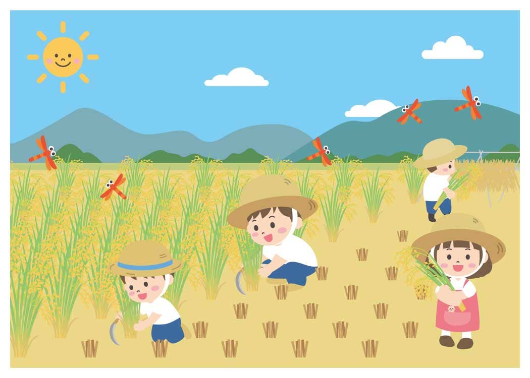秋の稲刈り体験を楽しむこどもたちのイラスト（線なし） 季節,お米,収穫,農作業フリー素材,商用利用,ダウンロード