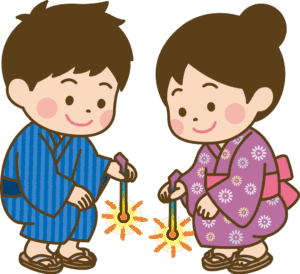 線香花火を楽しむ可愛い男の子と女の子のイラスト